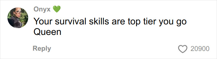 Comment by Onyx with a profile picture, praising survival skills and encouraging a woman to scare off men stalkers using a period pad.