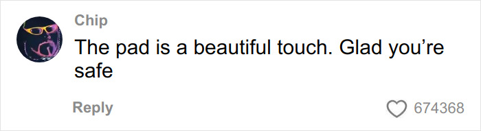 Comment on social media with a user named Chip praising a woman's period pad as a way to scare off men and stalkers.