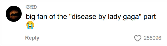 Comment on social media post mentioning disease by Lady Gaga with crying emoji, related to woman scares off men stalkers period pad.