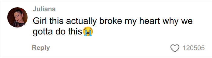 Comment by Juliana expressing heartbreak with a crying emoji reacting to a post about a woman scaring off men stalkers using a period pad.