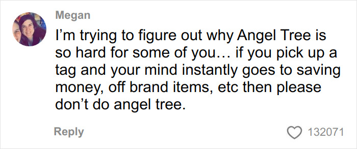 Social media comment criticizing Dollar Store items bought for Angel Tree, sparking backlash over gift quality concerns.