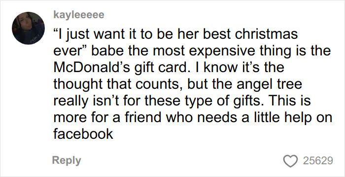 Comment expressing concern over buying inexpensive Dollar Store items for a child's Angel Tree gift haul.