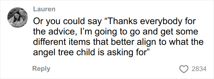 Social media comment discussing backlash after woman buys Dollar Store items for child&rsquo;s Angel Tree gifts.