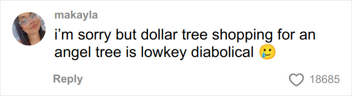 Screenshot of a social media comment criticizing dollar store shopping for a child&rsquo;s Angel Tree haul with a thoughtful emoji.