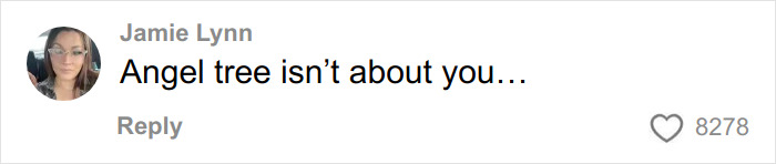 Screenshot of a social media comment by a woman expressing that Angel Tree is not about her, related to backlash over dollar store items.