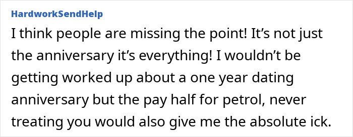 Comment discussing woman spoiling boyfriend on birthday and feeling the ick over petrol money gift perceived as lack of treating.