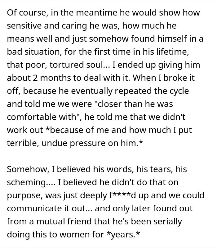 Text excerpt about a woman realizing a pattern men in relationships follow, reflecting emotional manipulation and repeated cycles.