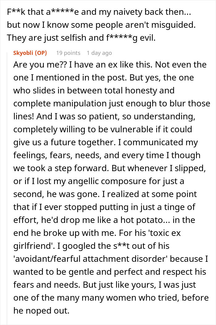 Text post discussing frustration of a single woman about patterns men in relationships follow, including manipulation and heartbreak.