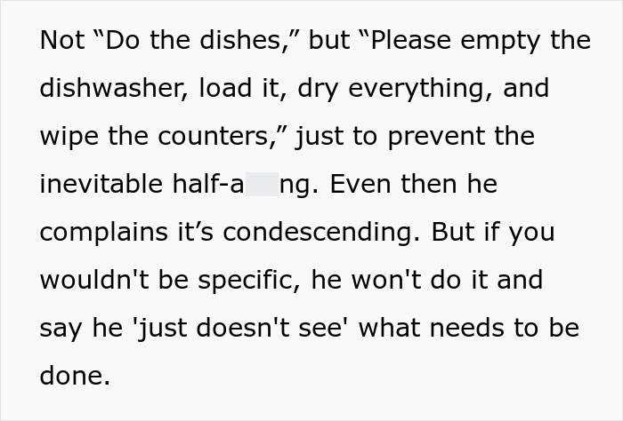 Text excerpt about men in relationships avoiding chores, illustrating a pattern single women notice in relationship dynamics.