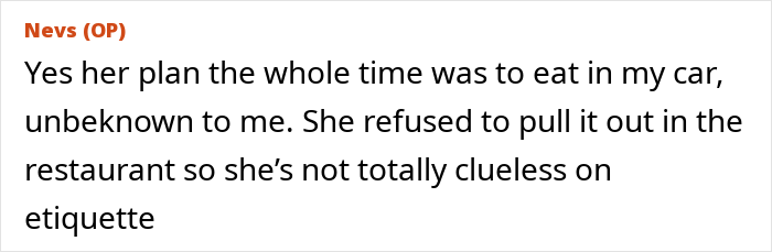 Text post from a forum where a woman doesn’t give in to social pressure from coworkers about etiquette and eats in her car. Text post from a forum where a woman doesn’t give in to social pressure from coworkers about etiquette and eats in her car.