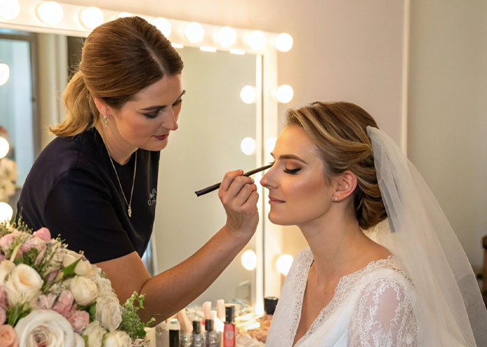 Makeup artist applying bridal makeup to a woman on her wedding day in a well-lit dressing room with flowers nearby