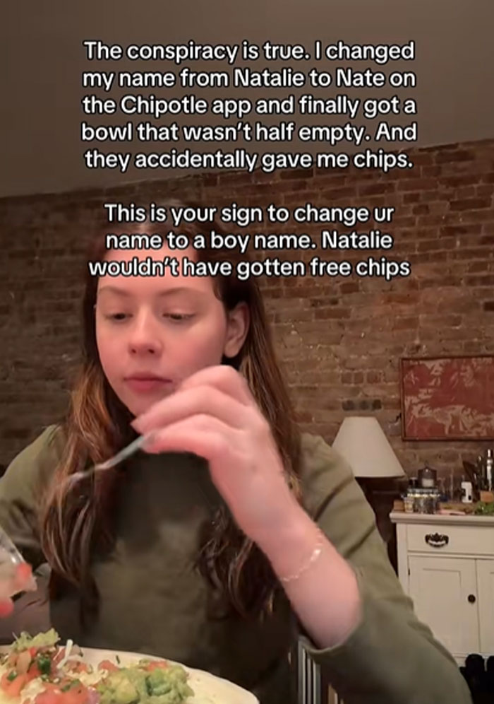 Woman testing Chipotle orders under male names, showing difference in food portions and extra chips received.