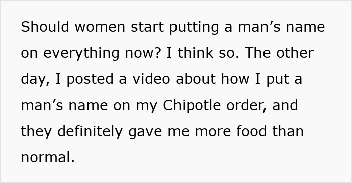 Text discussing a woman testing if Chipotle gives more food on orders under male names compared to female names.