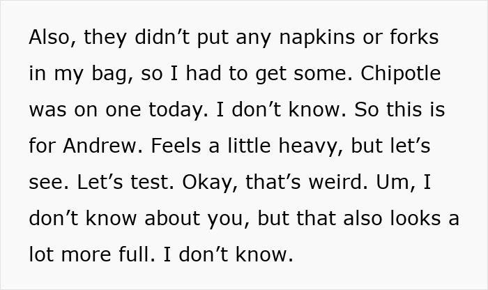 Alt text: Woman tests if Chipotle puts more food in orders under male names by comparing bag contents and weight.