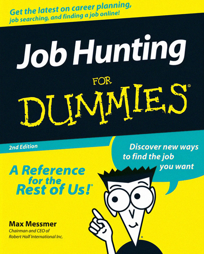 Book cover of Job Hunting For Dummies, featuring cartoon character and text about career planning and job searching tips.