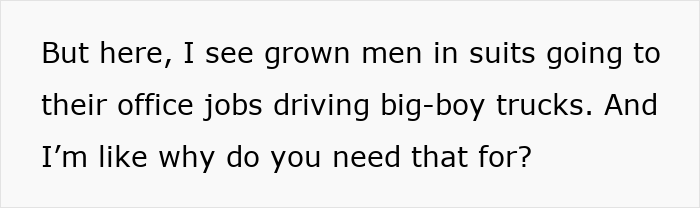 Text image showing a woman&rsquo;s culture shocks after moving to Florida from Canada, noticing men driving big trucks to office jobs.