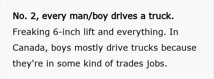 Text excerpt about men and boys driving trucks as a culture shock experienced by a woman who moved to Florida from Canada.