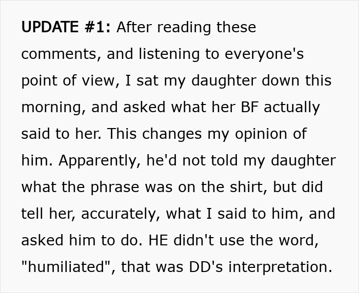 Text excerpt discussing a guy wearing an inappropriate shirt as a dare during dinner with girlfriend&rsquo;s parents and the dad&rsquo;s reaction.