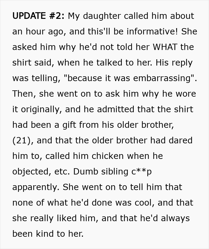 Text update describing a guy wearing an inappropriate shirt as a dare to dinner with girlfriend&rsquo;s parents and the dad&rsquo;s reaction.