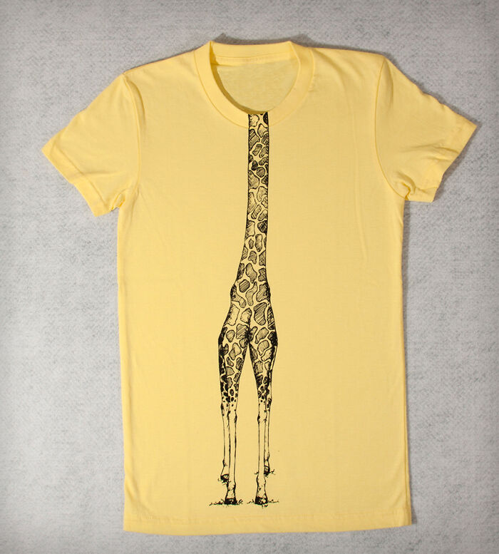 Yellow t-shirt featuring a creative giraffe design symbolizing fun moments shared with siblings.