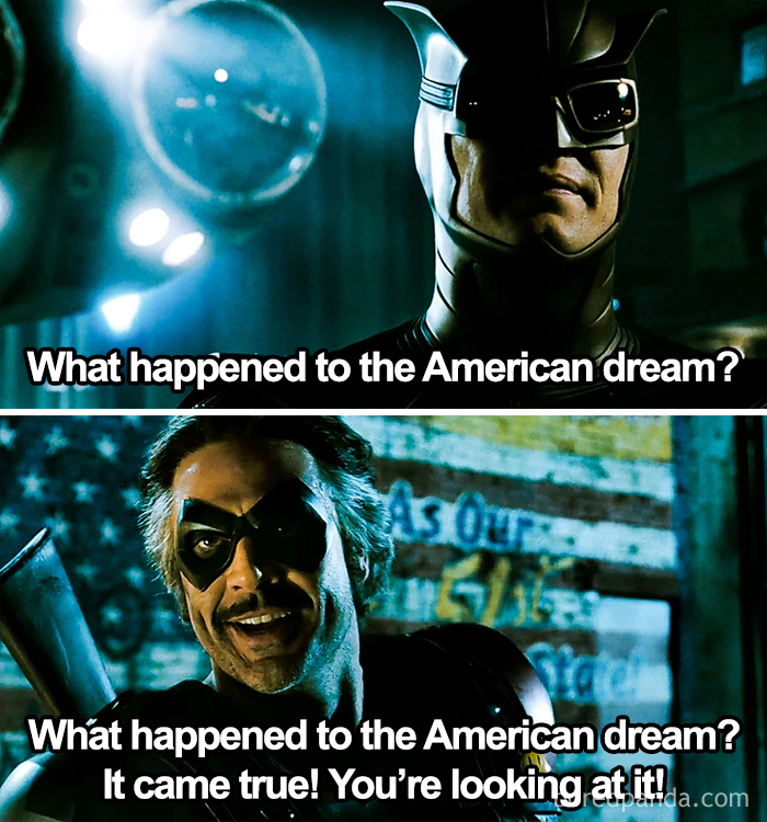 Two-panel masked vigilante meme with brooding hero and grinning antihero, American dream caption, Aged Like Wine