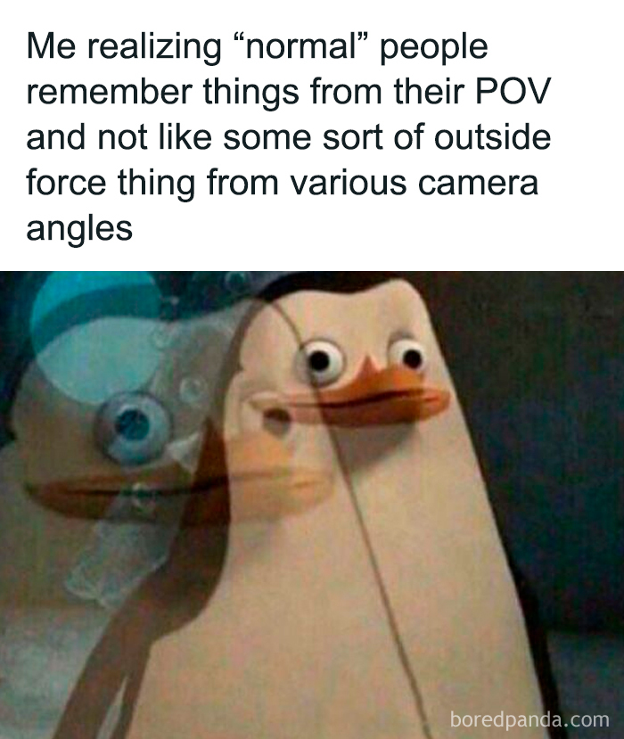 Confused penguin realizing different perspectives highlights life with a spicy, neurodivergent brain experience.