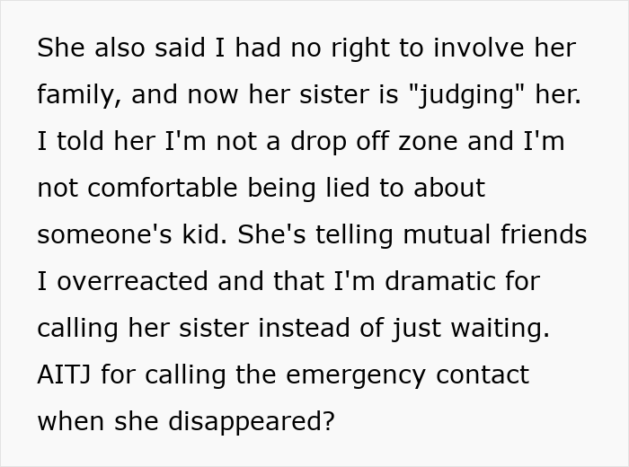 Text excerpt discussing a mom ghosting a friend after babysitting, highlighting conflict and emergency contact issues.
