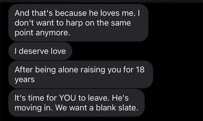 Text message conversation showing a mom telling her child to leave for a random guy moving in, highlighting family conflict.