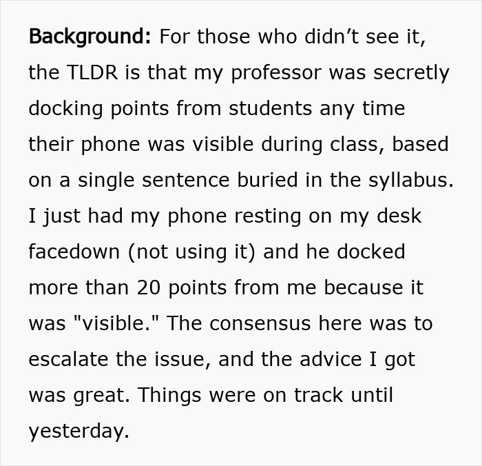 Text describing a student complaint about a professor enforcing a phone rule without warning, risking failing the class.