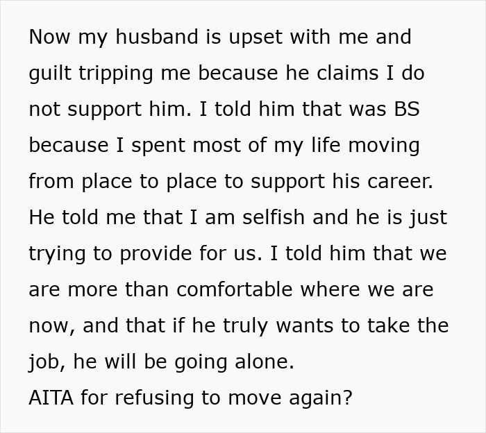 Text excerpt showing a woman refuses to move again after decades relocating for husband&rsquo;s career, expressing frustration.