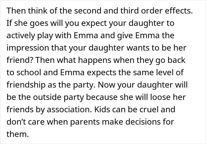 Parent torn about making daughter attend birthday party everyone else is skipping, text excerpt on white background. Parent torn about making daughter attend birthday party everyone else is skipping, text excerpt on white background.