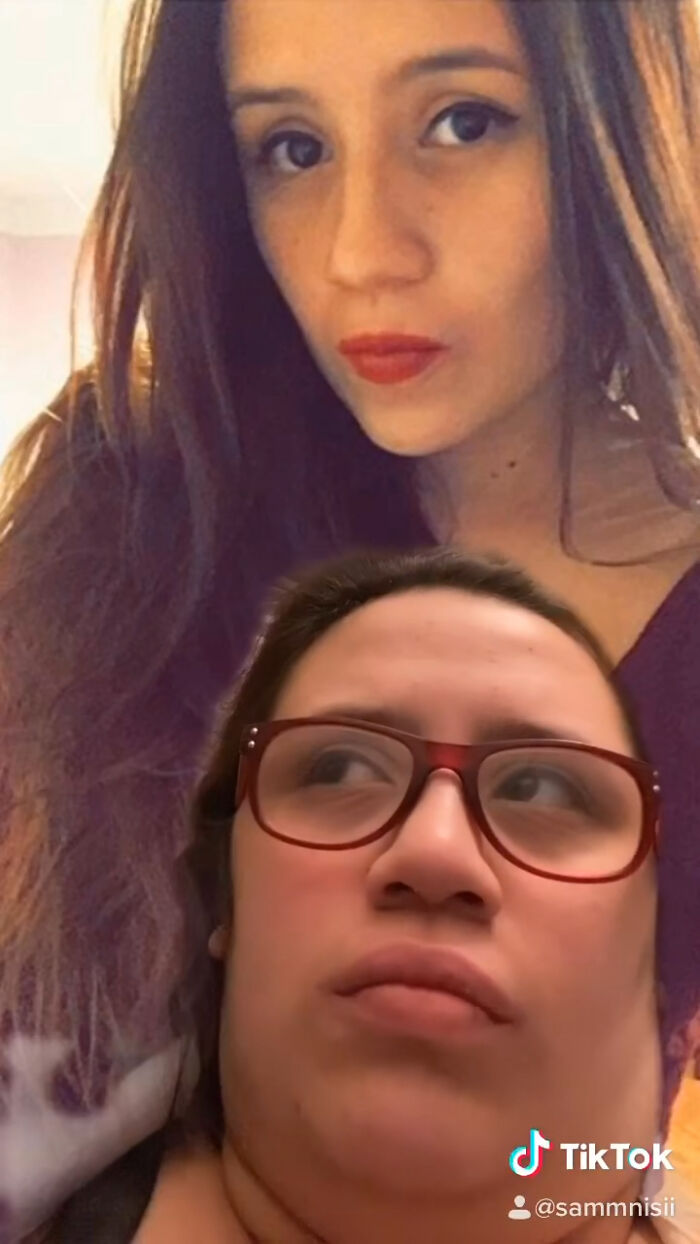 Woman with glasses in foreground looking away, with an edited image of her younger self in the background, showing a glow down effect.