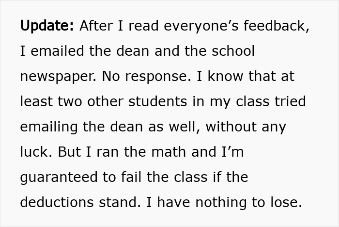 Alt text: Screenshot of a student sharing concerns about failing class after professor enforces phone rule without warning.