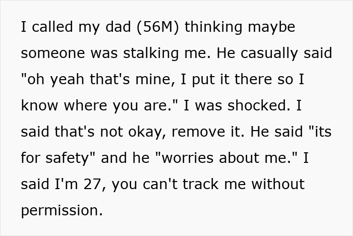 Text message conversation about a man upset his 27-year-old son won&rsquo;t let him track his car with an AirTag for safety.