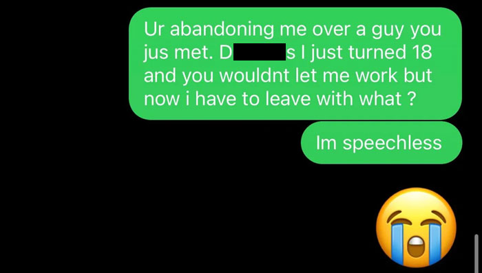 Text message exchange showing a child feeling abandoned by mom for a random guy with crying emoji expressing sadness.