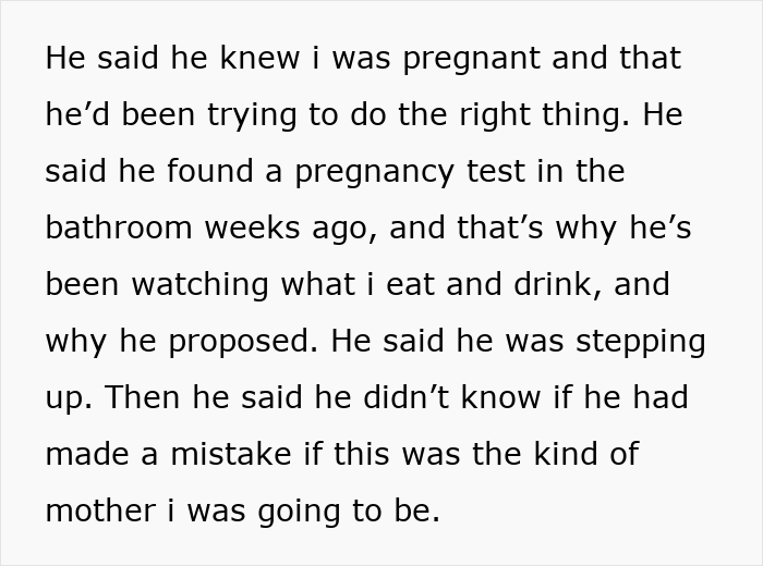 Alt text: Text showing man assuming fianc&eacute;e is pregnant, revealing true colors and causing shock and humiliation