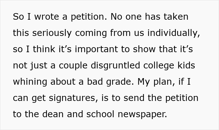 Text showing a student petition to resist a professor&rsquo;s phone rule enforcement risking failing the class.