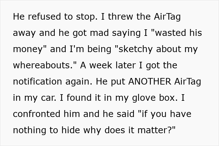 Text excerpt showing a man upset his 27-year-old son won&rsquo;t let him track his car with an AirTag for safety reasons.