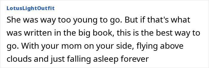 Text excerpt about lawyer found deceased on flight with mom, expressing sorrow and peaceful rest above clouds.