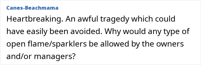 Comment expressing heartbreak and questioning the allowance of open flames or sparklers in relation to the Swiss resort blaze tragedy. Comment expressing heartbreak and questioning the allowance of open flames or sparklers in relation to the Swiss resort blaze tragedy.