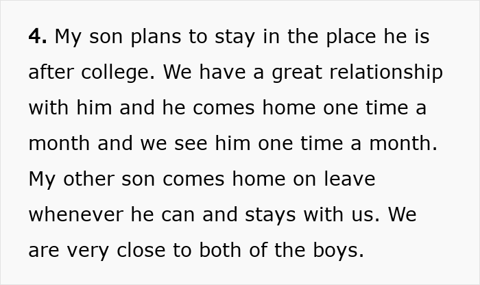 Text excerpt discussing family closeness and sons staying in place after college, reflecting a woman&rsquo;s refusal to move again.