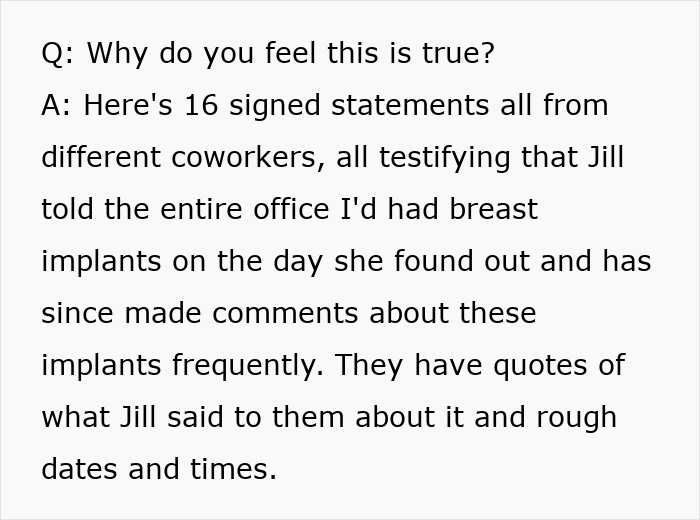 Text excerpt discussing signed statements from coworkers about breast implants after cancer surgery story.