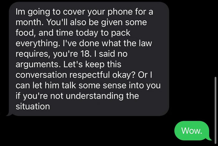 Text message conversation about covering a phone and legal requirements after throwing child out on the street.