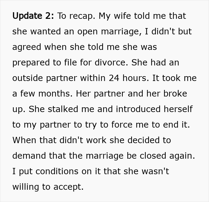 Text excerpt about a wife making husband agree to an open marriage to reconnect with her ex and its complications.