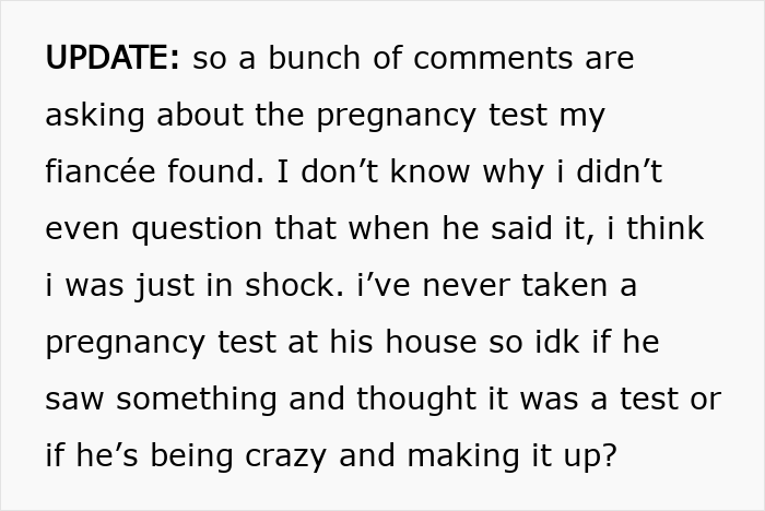 Text excerpt explaining confusion over a pregnancy test, highlighting a man showing his true colors after assuming fianc&eacute;e is pregnant.