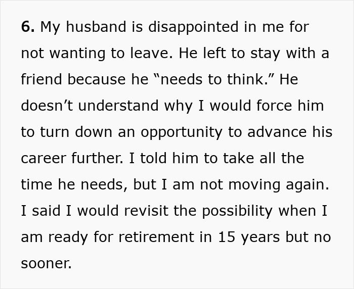 Text excerpt about a woman refusing to move again after decades relocating for husband's career, expressing firm decision.