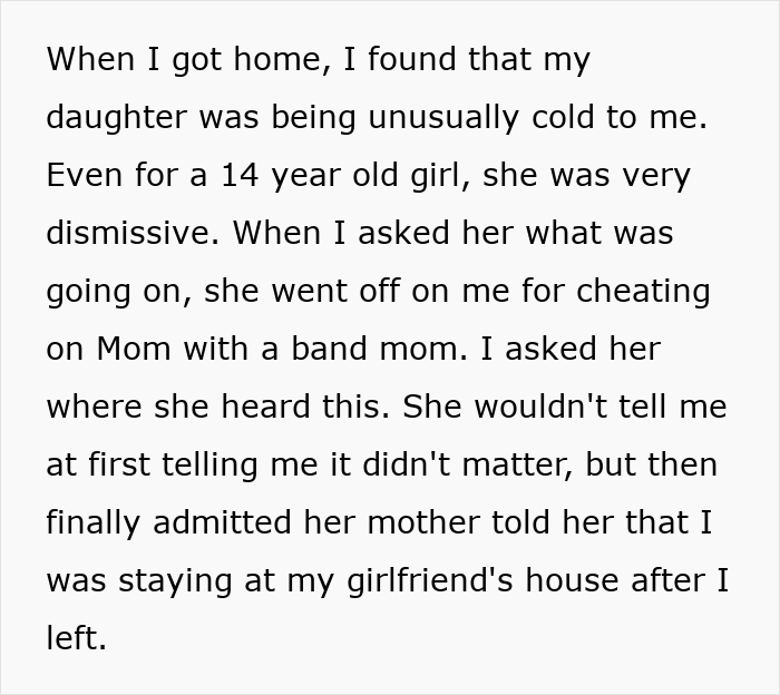 Text excerpt describing a family conflict involving a wife making husband agree to an open marriage to reconnect with her ex.