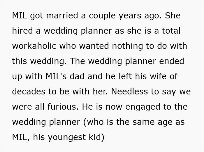 Text describing MIL admitting she paid wedding planner who slept with her dad, causing family conflict and demands for her removal. Text describing MIL admitting she paid wedding planner who slept with her dad, causing family conflict and demands for her removal.