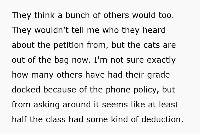 Text excerpt about students discussing the impact of professor&rsquo;s phone rule enforcement causing grade deductions.