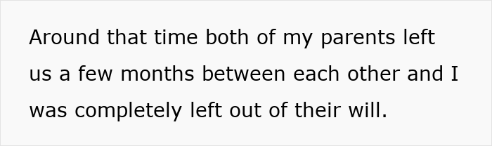Text on white background stating a woman was left out of parents' will after being disowned for marrying a mechanic.